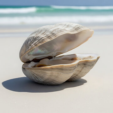 open clam shell on sandy beach with ocean backdrop seashell marine seafood coastal