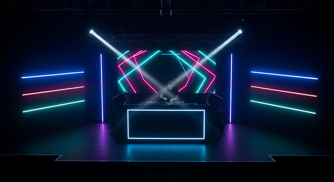 dj booth with neon lights in dark club setting music event nightlife equipment
