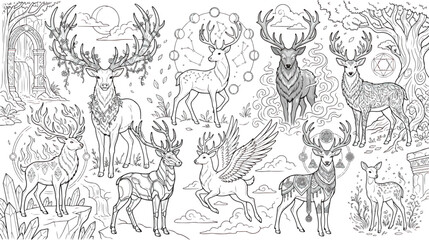 Mystical deer coloring page set, celestial forest stags with antlers and wings, 9 fantasy reindeer illustrations in line art vector format © Fahad