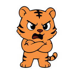 Fototapeta premium Cute tiger cartoon character with cheerful expression, simple vector illustration, black outline, colorful flat design, adorable wild animal mascot