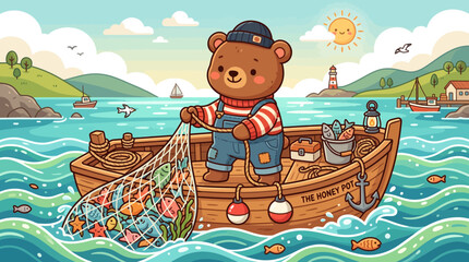Cute Bear Fisherman Catches Fish in Boat, Ocean Scene © Bakso