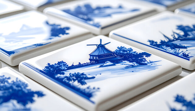 Dutch delftware tiles featuring hand painted windmills and sailing boats in royal blue on a creamy white slightly uneven textured base generative AI