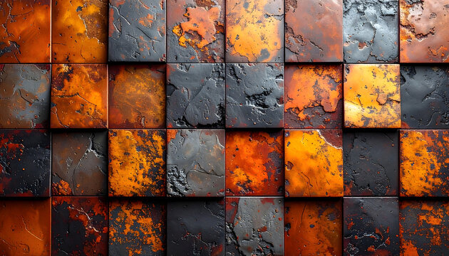 Frontal view of ceramic tiles that look like rusted corten steel orange brown metallic black oxidized texture industrial decay contrast generative AI