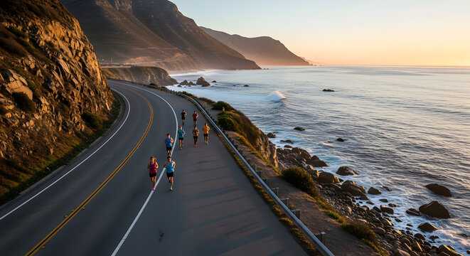 Group of runners on a scenic coastal road during sunrise or sunset