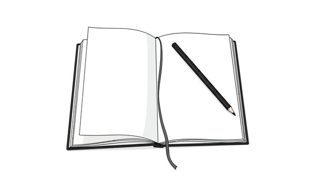 Open blank book with black cover on transparent background