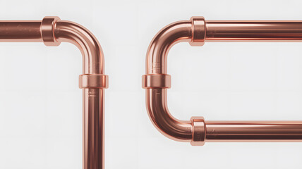 Fototapeta premium A close-up view of copper pipes with fittings on a white background