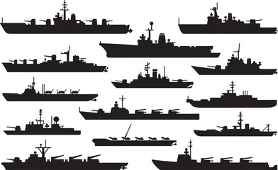 Obraz premium Set warship silhouettes, military boats different shapes collection black icons isolated on transparency.