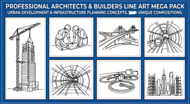 Professional Architects and Builders Line Art Mega Pack, Urban Development and Infrastructure Planning Concepts, Construction Site Vector Illustrations