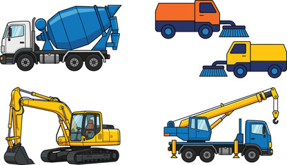 Construction and Service Vehicle Vector Collection with Excavator Crane Cement Mixer and Street Sweeper Illustration © Hello World