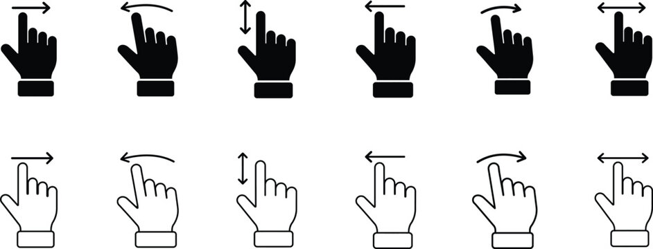 Hand icons with various finger gestures on white background. Hand finger gesture icon set, slide up down left right finger signs, swipe symbol outline and silhouette, vector illustration