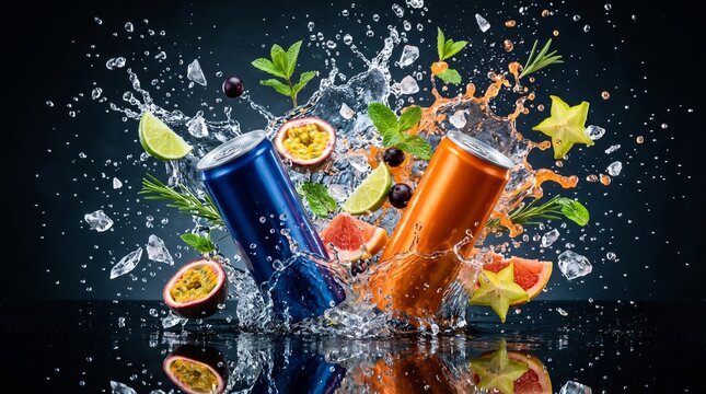 Dynamic commercial splash scene featuring vibrant natural-energy drinks exploding through crystal-clear water with exotic fruits, herbs, ice shards, and dramatic motion capture. 