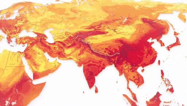 Global heat map depicting temperature variation across continents in warm color palette