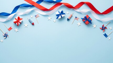 Fototapeta premium USA Independence Day Patriotic Flat Lay Background with Red Blue Ribbons, Gift Boxes, Stars and Copy Space