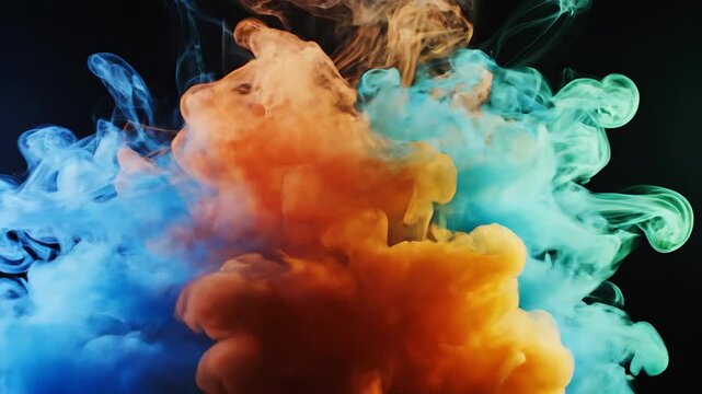 Asap Tinta Ungu Abstrak. Gambar menampilkan semburan tinta atau asap berwarna ungu cerah yang membentuk awan abstrak di tengah latar hitam pekat, menciptakan kontras dramatis dan nuansa modern yang co