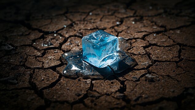 Close-up of melting ice cube on cracked dry earth with water drop on surface