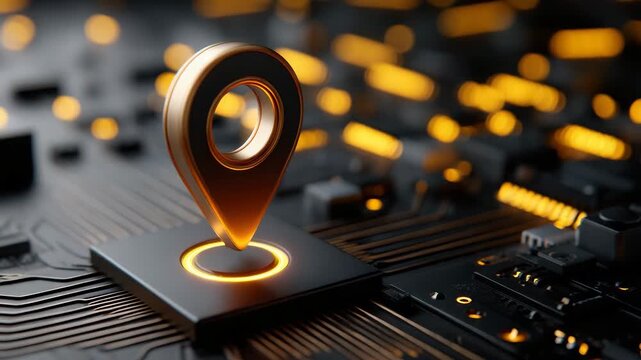 Location pin on circuit board with glowing ring on dark background, digital map technology concept, abstract electronic component navigation icon, orange light data network design