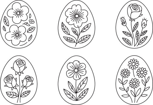 Easter egg collection with floral patterns and rose blossoms in thin line style for spring festival.
