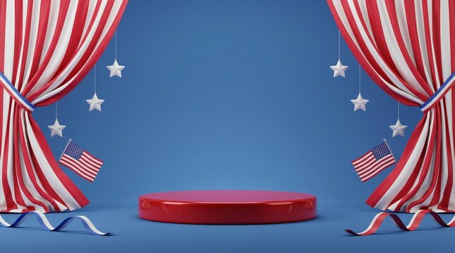 USA Independence Day Patriotic Stage Background with Red White Curtains, Stars, Flags and Podium for 4th of July Celebration
