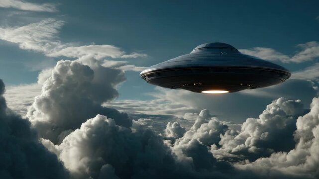 Flying saucer above dramatic cloudscape in dark blue sky, glowing metallic alien craft and disc shape, cinematic futuristic science fiction scene over cloudscape