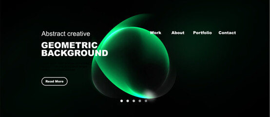 Obraz premium Dark website mockup features abstract geometric shapes, green gradients, navigation menu. Minimalist design with text elements, button visible.
