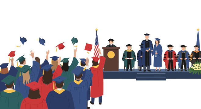Graduation ceremony with students throwing caps and faculty on stage celebrating achievement