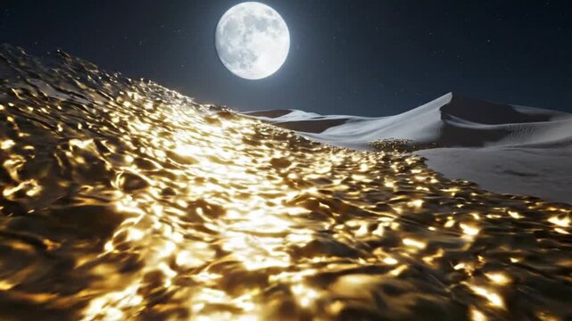 Golden Dune Landscape Under Full Moon Night Sky, Abstract Desert Scenery