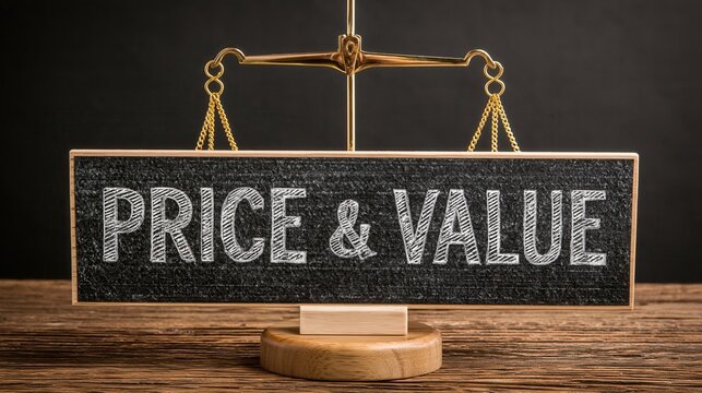 A chalkboard sign with price and value on a balance scale