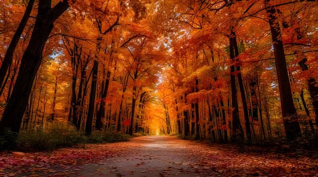 Autumn forest path with vibrant orange leaves falling gently in a peaceful natural setting