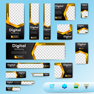 Digital Marketing Web Banner template design set. Set Horizontal, vertical, square business background design. vector