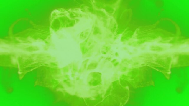 Dynamic abstract green smoke explosion effect with glowing particles and flowing wisps for motion graphics backgrounds in high definition cinematic visual style