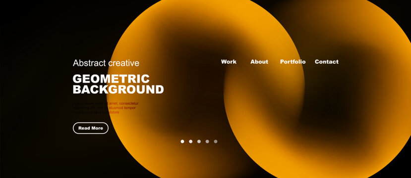 Abstract website design features orange geometric shapes, dark background. Minimalist layout includes navigation, text, button. Modern aesthetic.