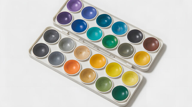A set of watercolor paints in a white plastic palette on a plain background