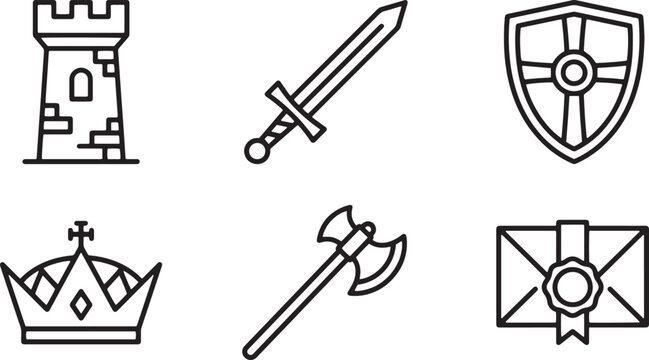 Medieval kingdom line icon set with castle tower sword shield royal crown battle axe and sealed letter outline vector illustration