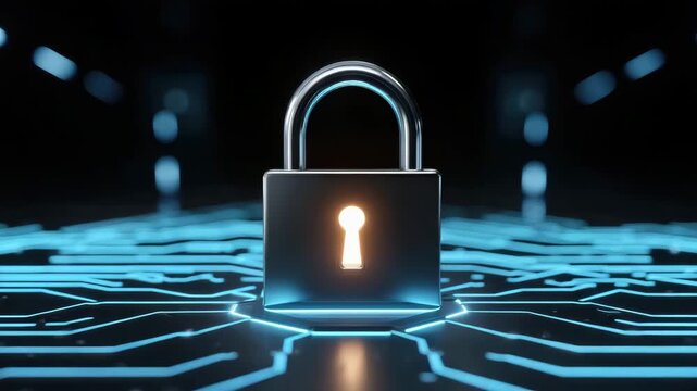 Cyber security padlock lock keyhole digital circuit data protection encryption, padlock security lock digital circuit board with blue neon glow and glowing keyhole concept of cyber protection