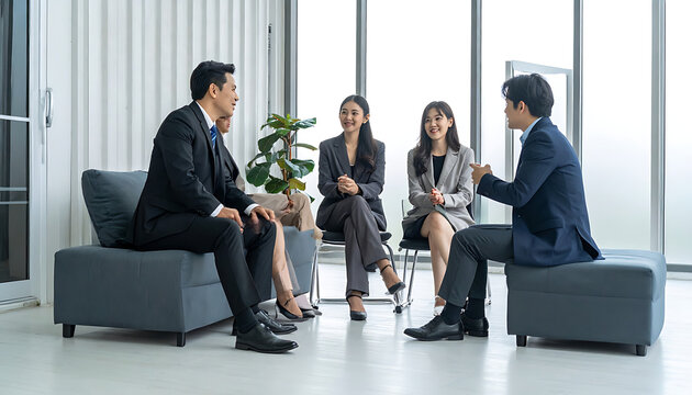 Diverse group of business professionals in a modern office discussing ideas, collaboration and team meeting, diverse workforce