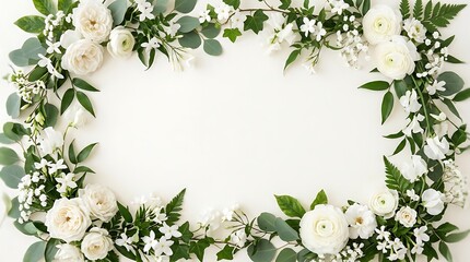 Fototapeta premium Elegant floral frame with white blossoms and green leaves for wedding or celebration decor