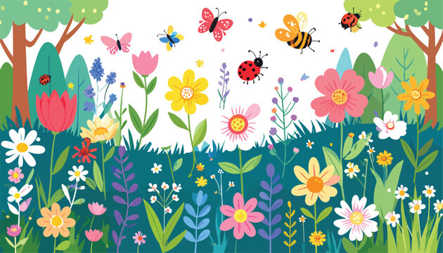 Spring forest landscape vector background illustration featuring a large red mushroom toxic amanita wild flowers flying ladybugs and beautiful butterflies
