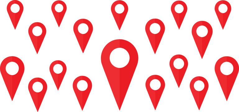 Location marker graphic element collection isolated on white background containing red checkpoint tags for route tracking global positioning system web design