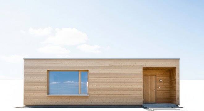 Modern Prefabricated Tiny House with Wood Siding and Large Window.