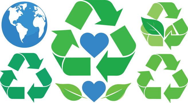 Sustainable waste management emblem collection isolated on white background featuring eco friendly circular recycle loop signs for conservation awareness concept