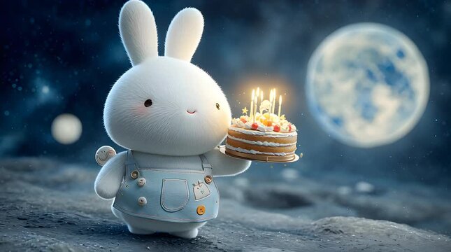 Cute chubby white rabbit character holding birthday cake with lit candles under moonlit night