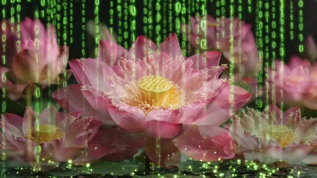 Pink Lotus Flowers with Digital Matrix Rain - Serene Nature and Technology Abstract