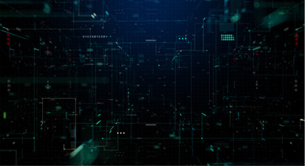 Fototapeta premium Futuristic digital background with neon green and blue circuit board patterns and glowing red lights on a dark cyberpunk style interface