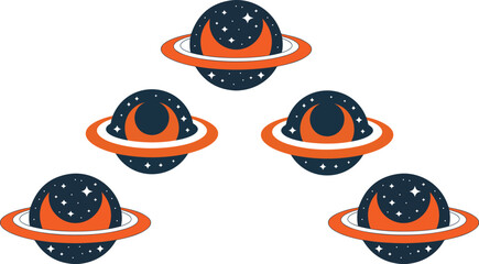 Celestial cosmic graphic illustration collection isolated on white background containing mystical astronomy celestial bodies astrology elements and universe exploration logos. © Mon