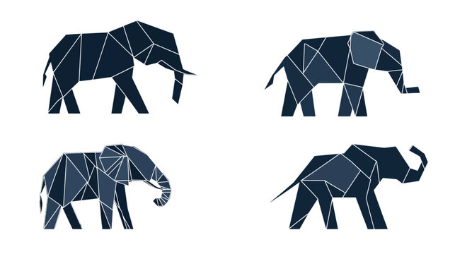 Four geometric elephant illustrations in different poses using shades of blue, all against a white background