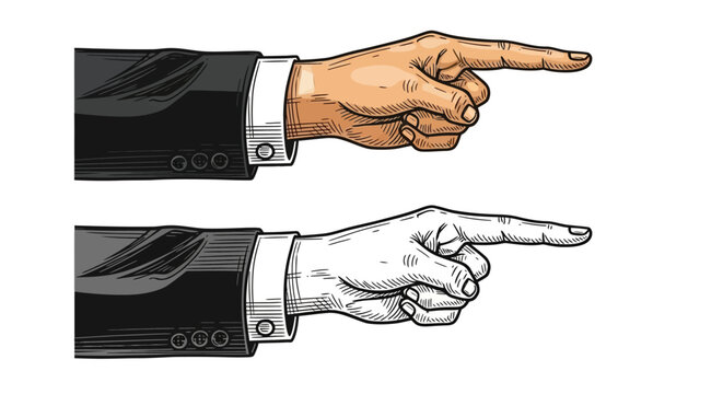 A close-up illustration of a person's hand in a suit jacket, pointing to the right side with their index finger, presented in both full color and black and white outlines