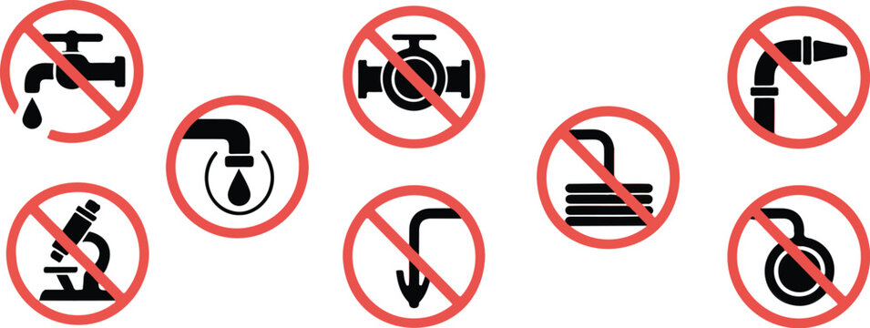 Forbidden water usage and plumbing warning line graphic collection isolated on white background containing pipe leaks faucet valves and industrial restriction badges.