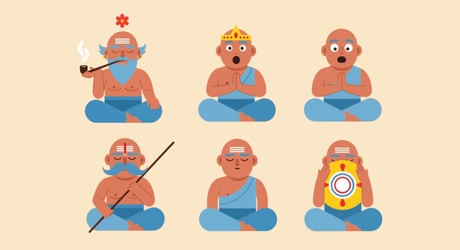 Indian monk character set, 6 flat vector illustrations of a sadhu in meditation, spiritual guru icons with different expressions and poses