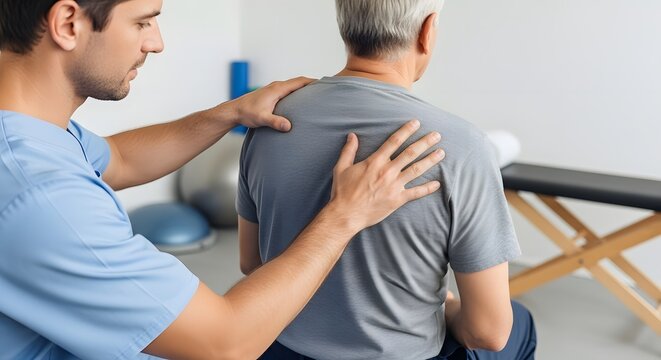 Physical therapist assisting senior with back examination