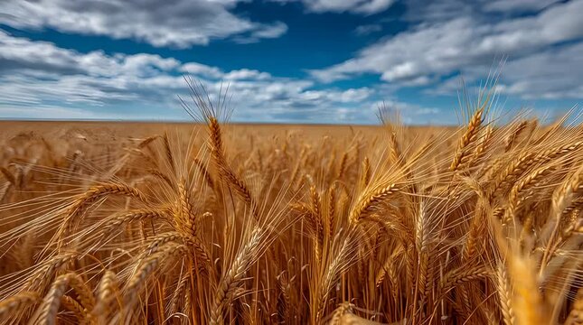 Golden Wheat Field Under Blue Sky with Clouds Natural Crop Growth Scene
